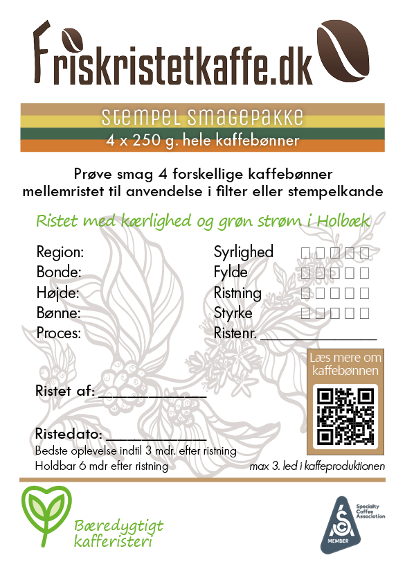 Friskristetkaffe Smage-pakke Stempel/filter 4 * 250g